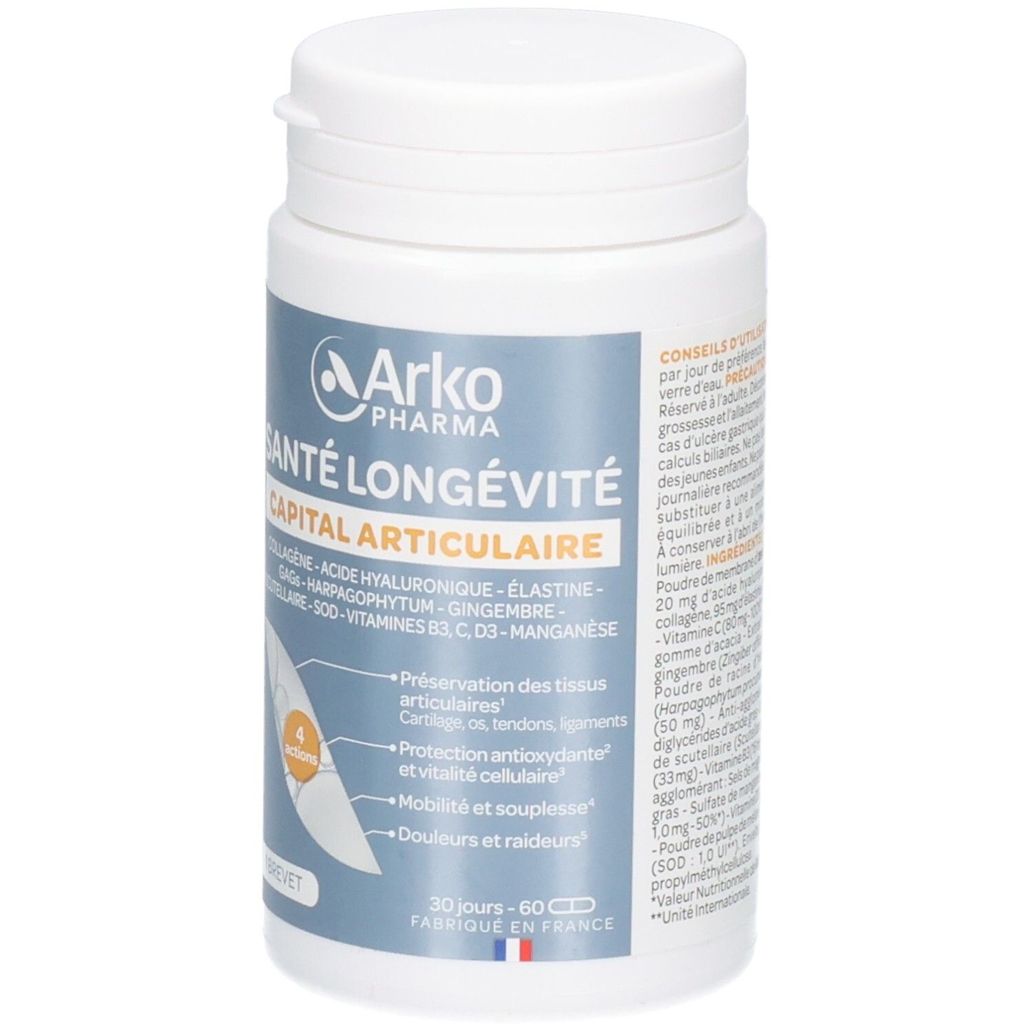 Avant d'un flacon de gélules Arko Pharma Santé Longévité Capital Articulaire avec étiquette.