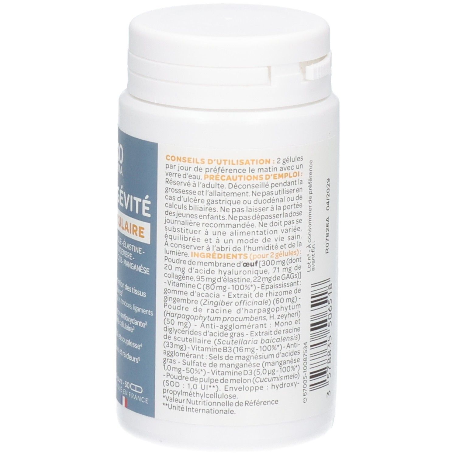 Arrière d'un flacon de gélules Arko Pharma Santé Longévité Capital Articulaire avec instructions.