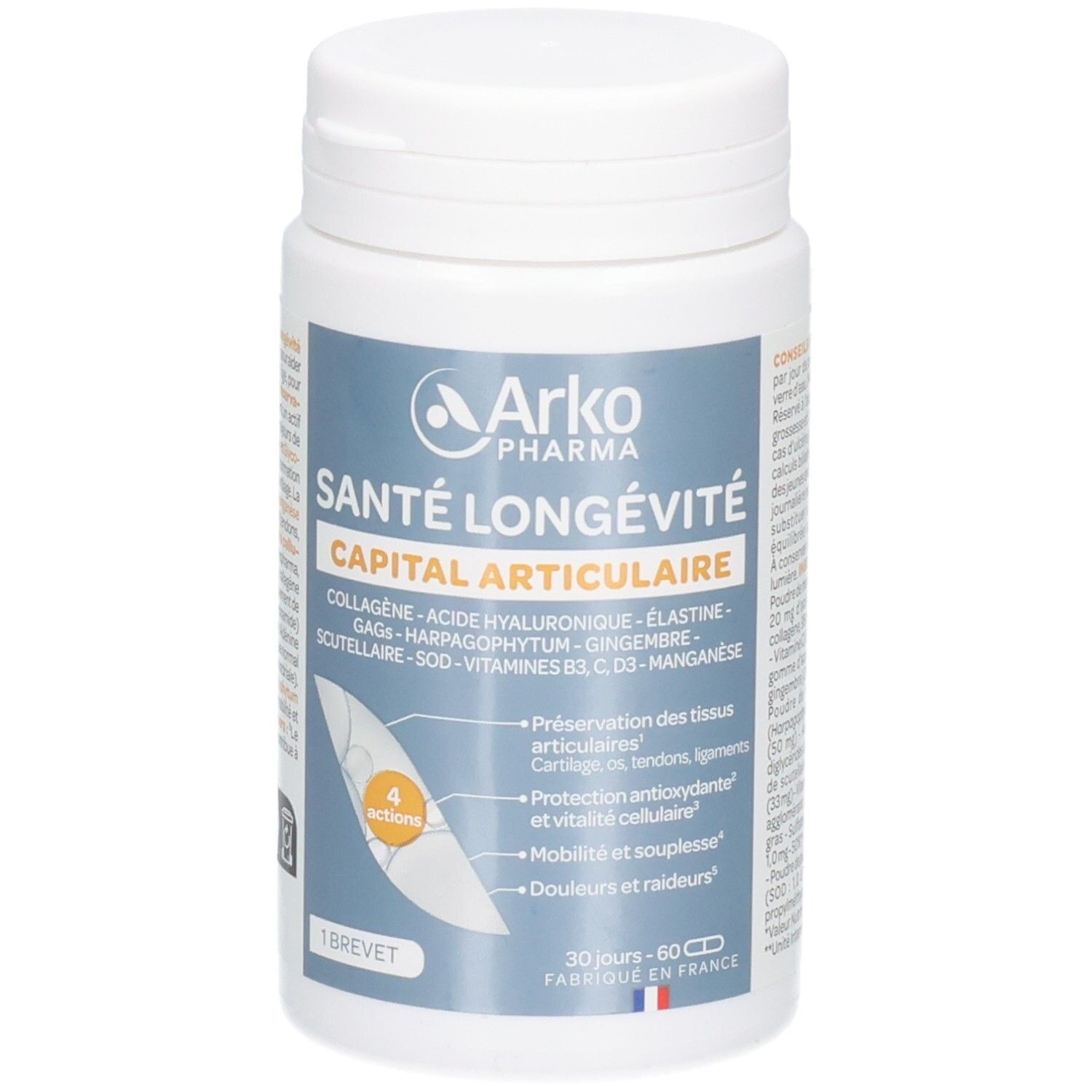 Flacon de gélules Arko Pharma Santé Longévité Capital Articulaire, vue de face.