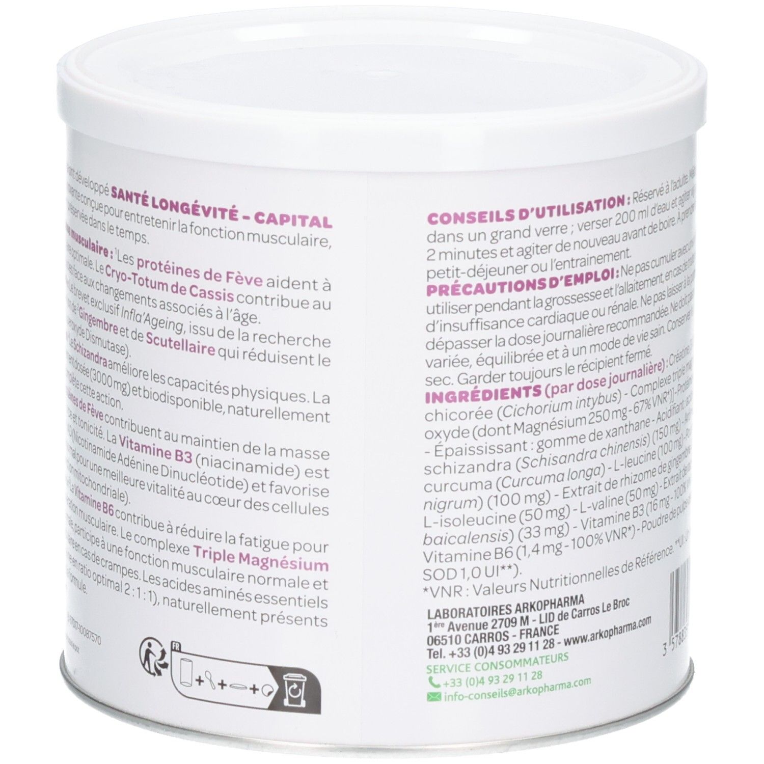 ArkoPharma Santé Longévité Capital Musculaire Côté avec instructions d'utilisation