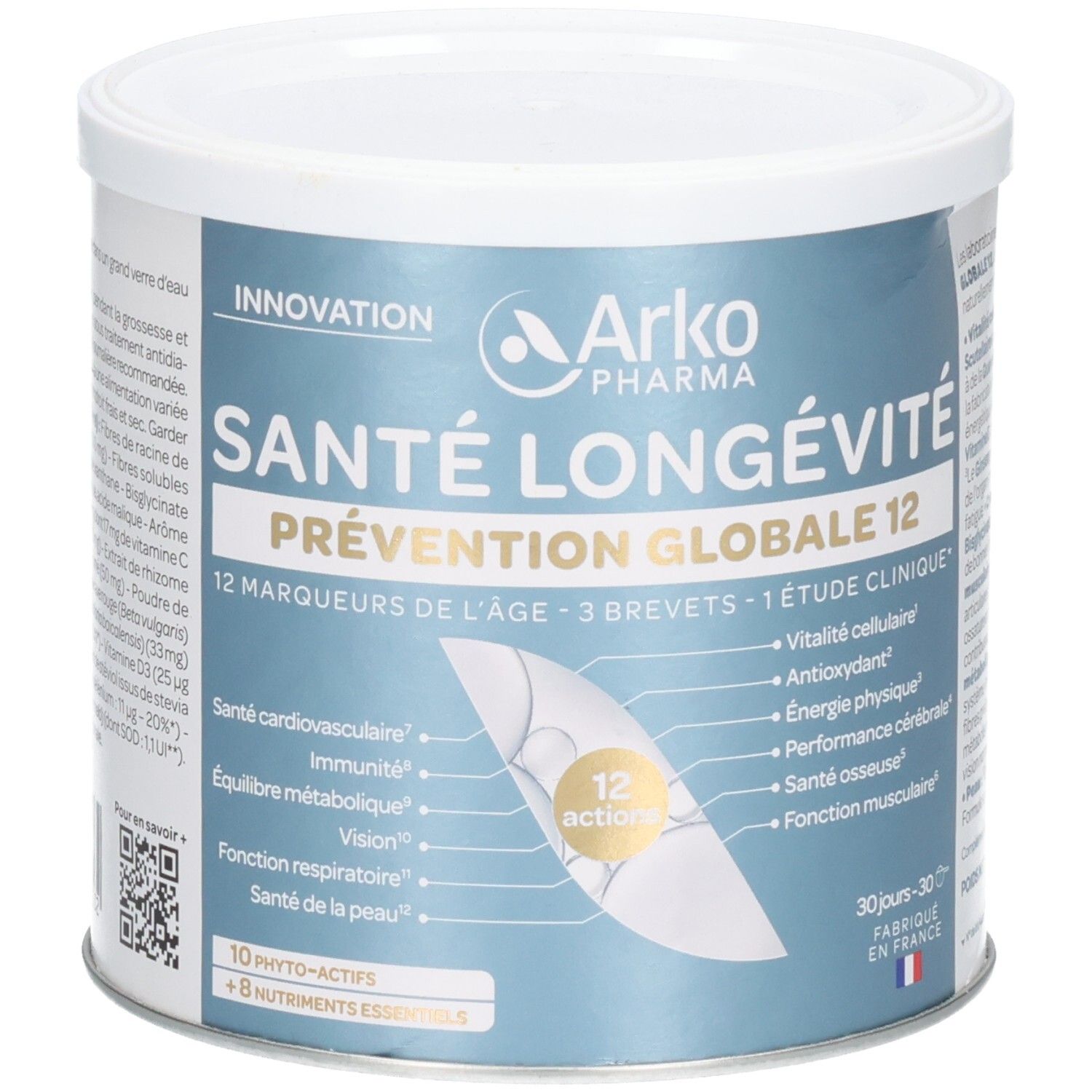 Boîte ArkoPharma Santé Longévité Prévention Globale 12, détaillant 12 actions pour la vitalité et l'immunité.