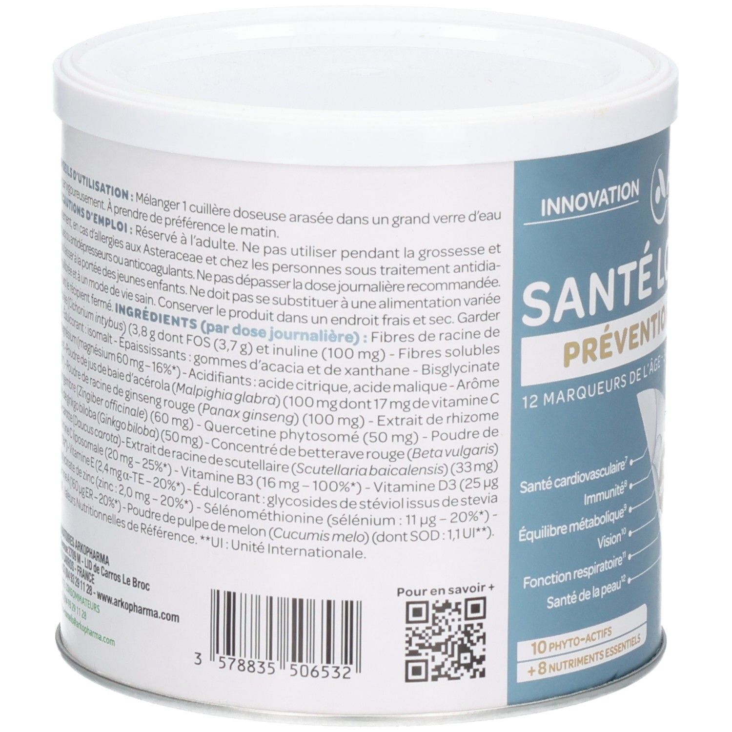 Arrière de la boîte ArkoPharma Santé Longévité, montrant la liste des ingrédients et les conseils d'utilisation.