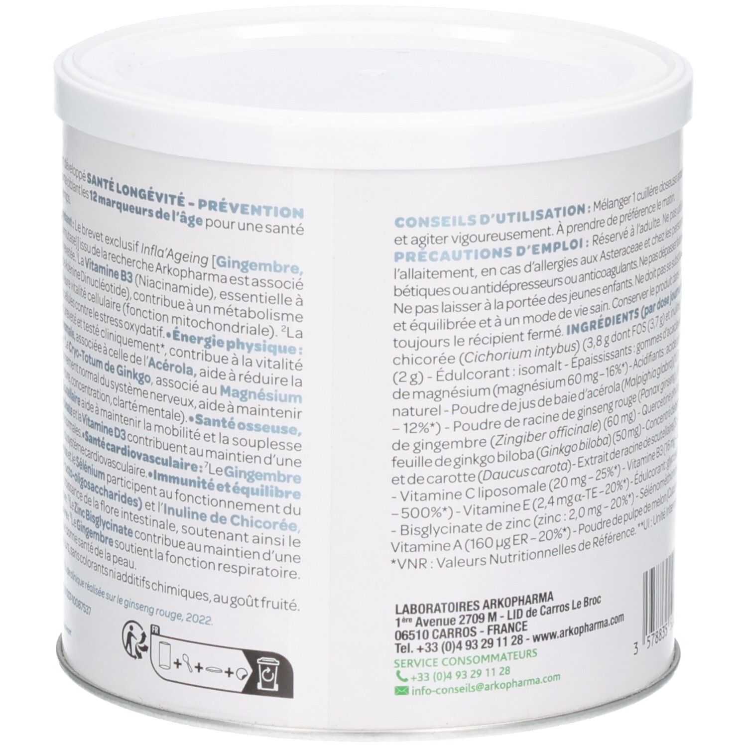 Côté de la boîte ArkoPharma Santé Longévité, fournissant des informations détaillées sur les ingrédients et les effets.