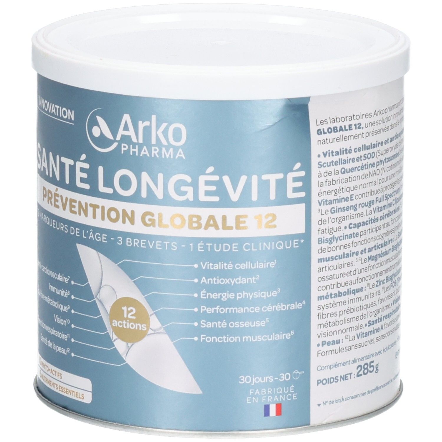 Face avant de la boîte ArkoPharma Santé Longévité, mettant en avant 'Prévention Globale 12' et 12 actions.