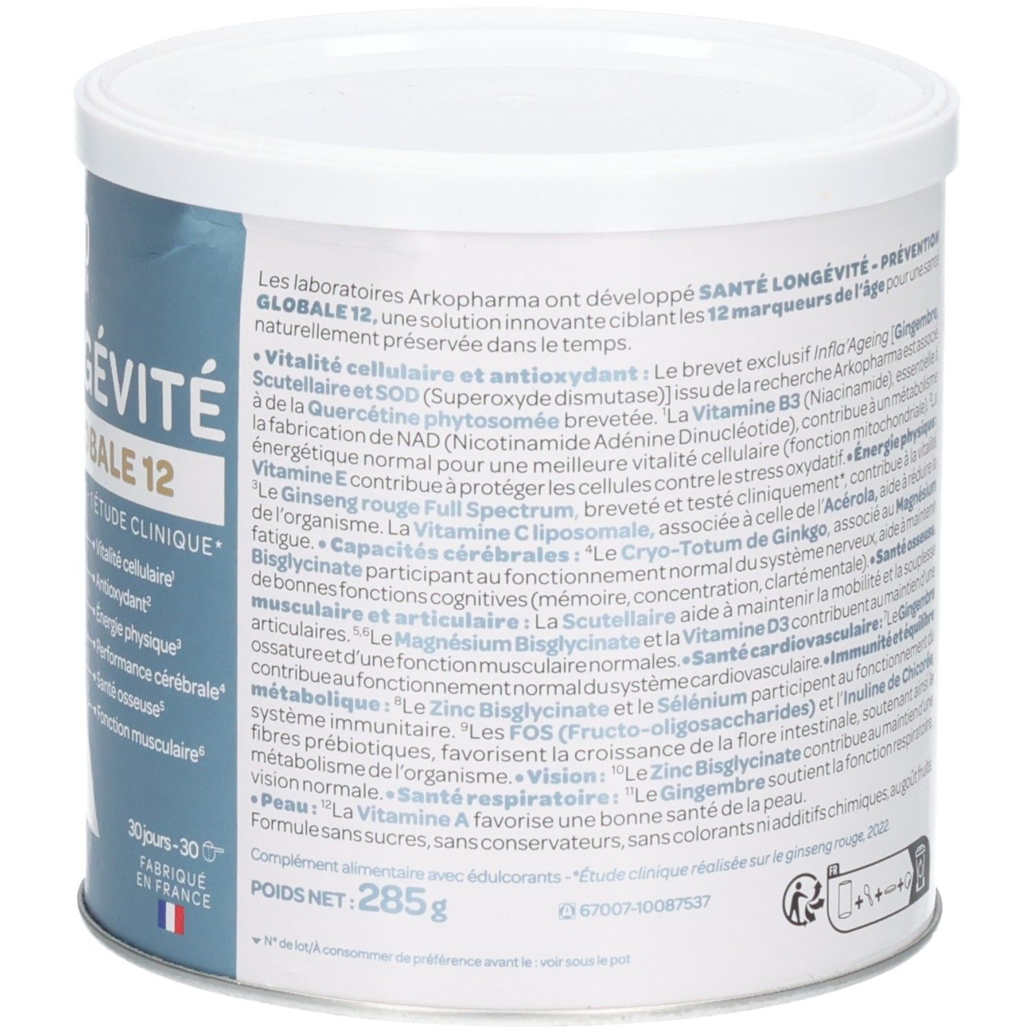 Vue détaillée de la boîte ArkoPharma Santé Longévité, expliquant les ingrédients et les bénéfices.