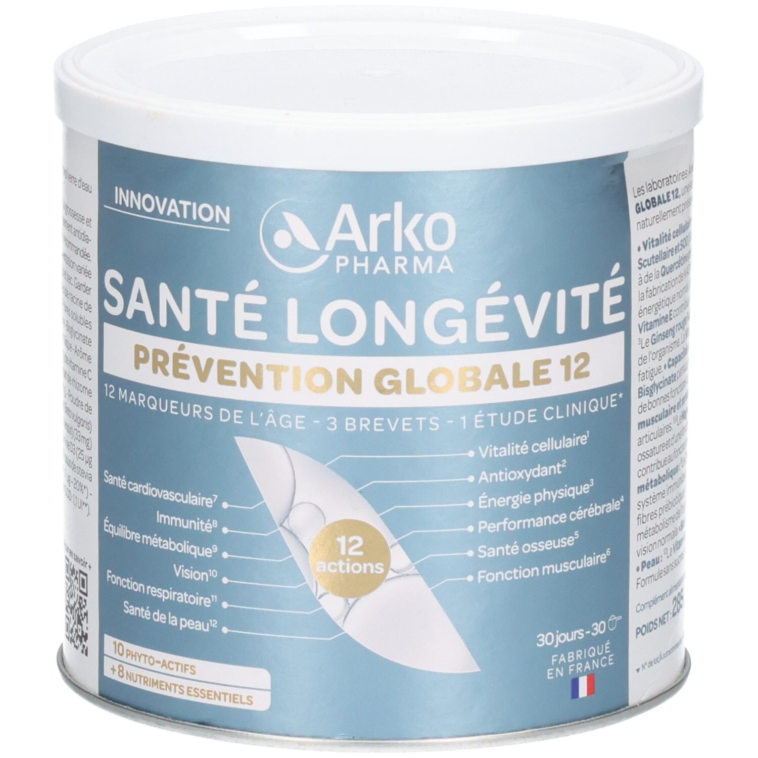 Boîte ArkoPharma Santé Longévité, montrant 'Prévention Globale 12' et la liste des 12 actions.
