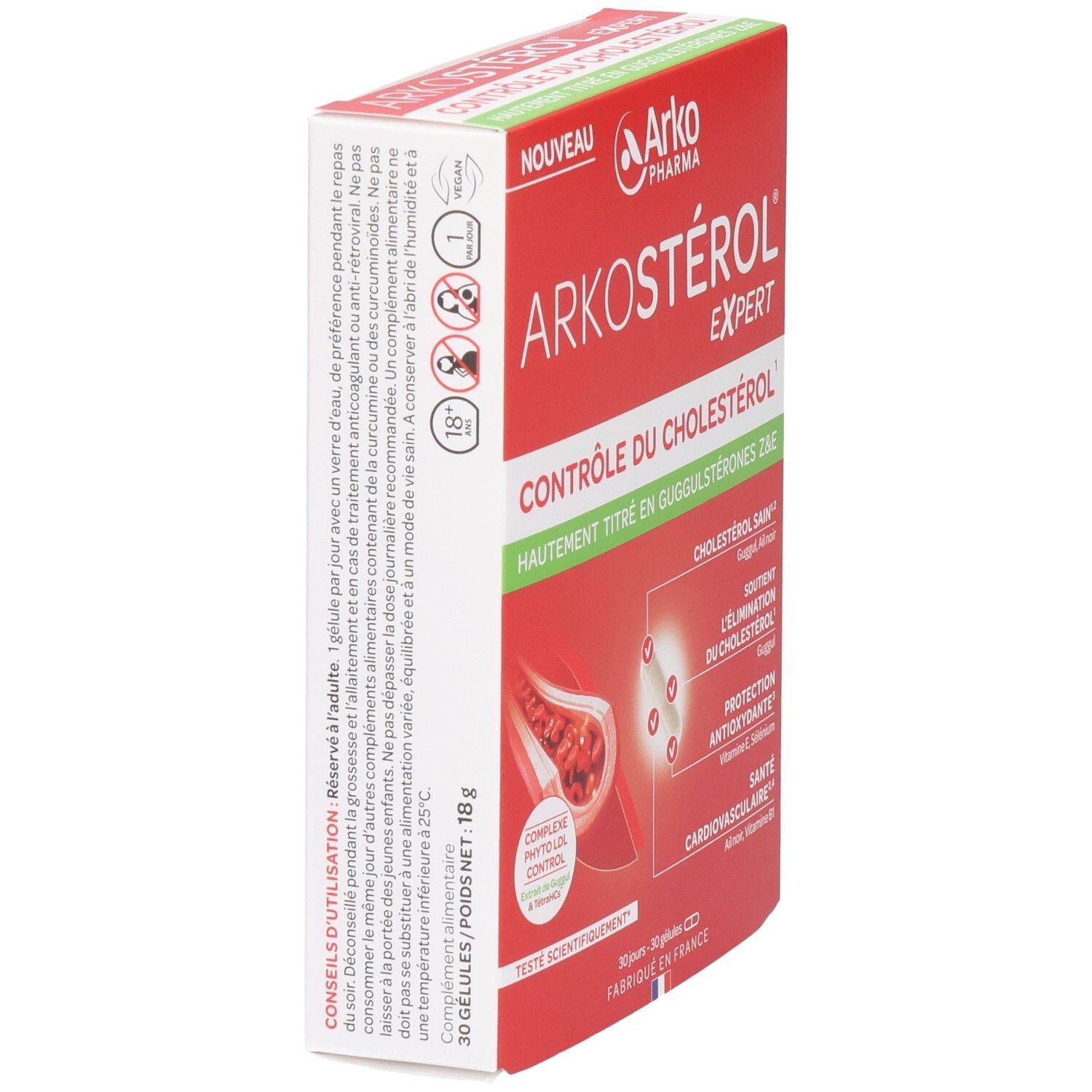 Boîte Arkostérol Expert ArkoPharma, dos avec conseils d'utilisation et ingrédients.