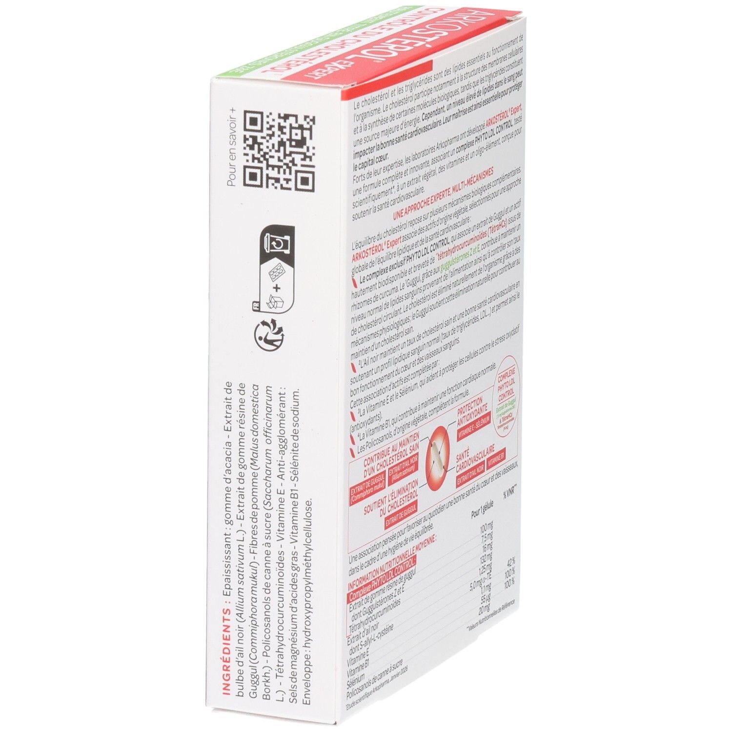 Boîte Arkostérol Expert ArkoPharma, côté avec ingrédients et code QR.