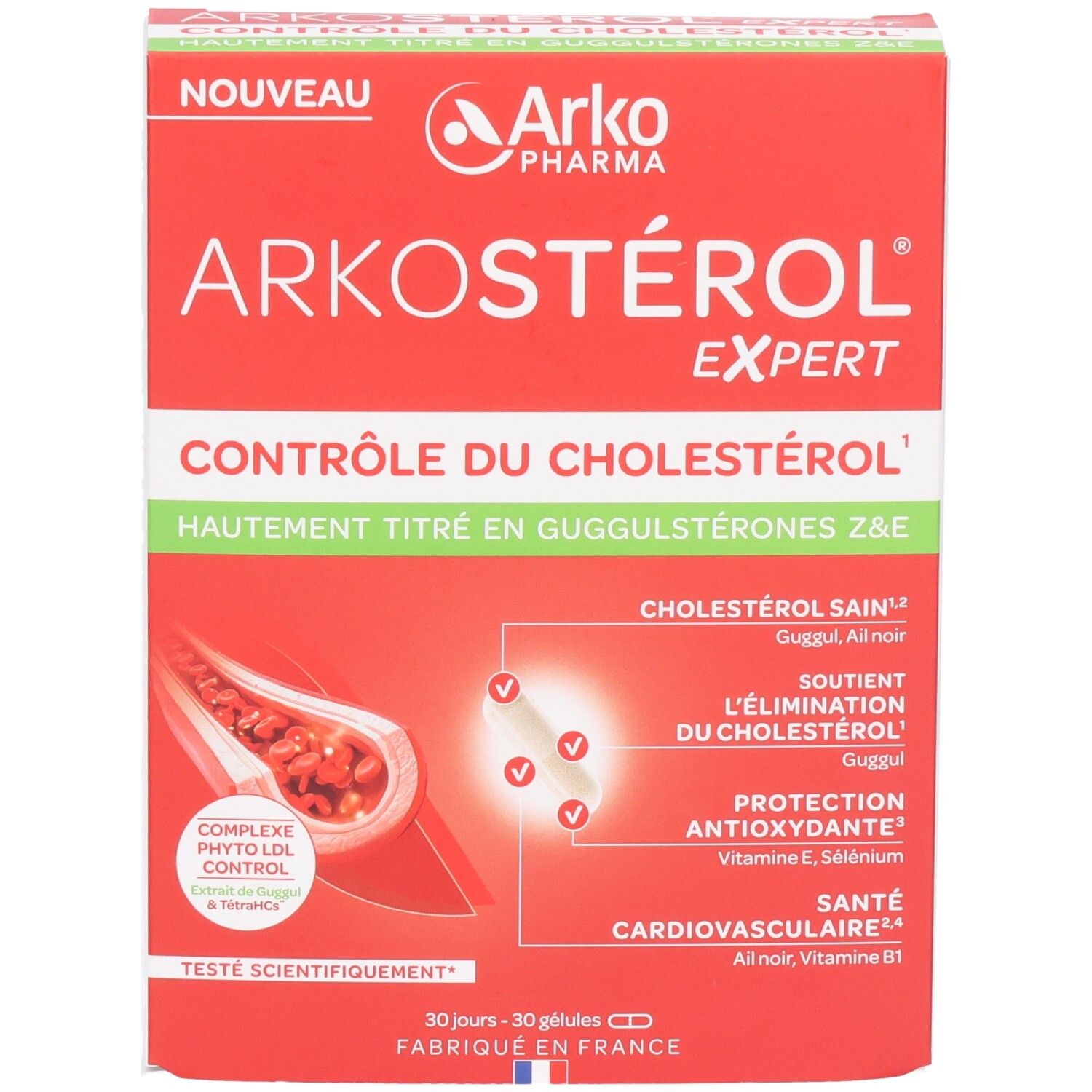 Boîte Arkostérol Expert ArkoPharma, face avant avec informations produit et illustration.