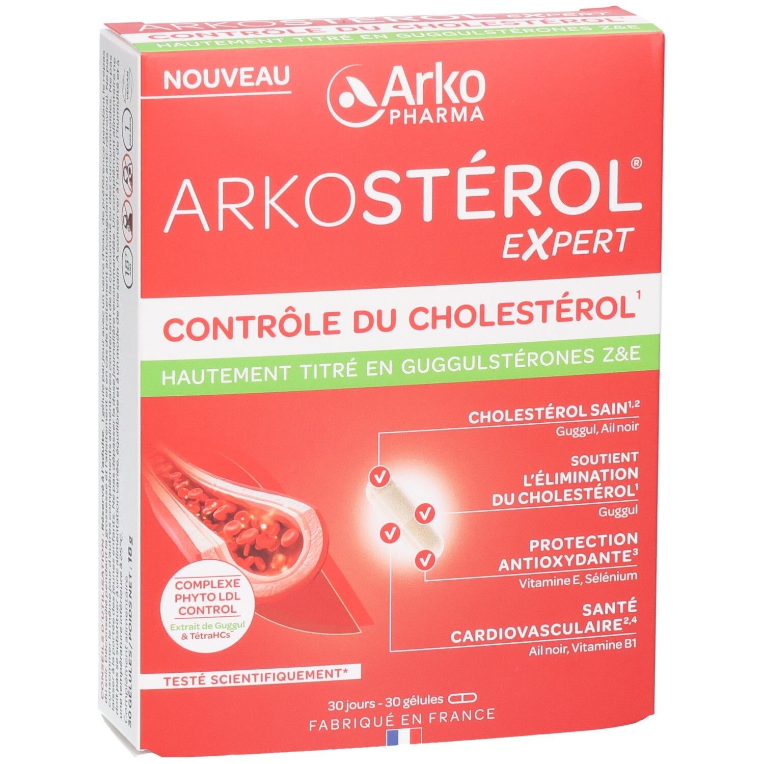 Boîte Arkostérol Expert ArkoPharma, contrôle cholestérol, 30 gélules, testé scientifiquement.