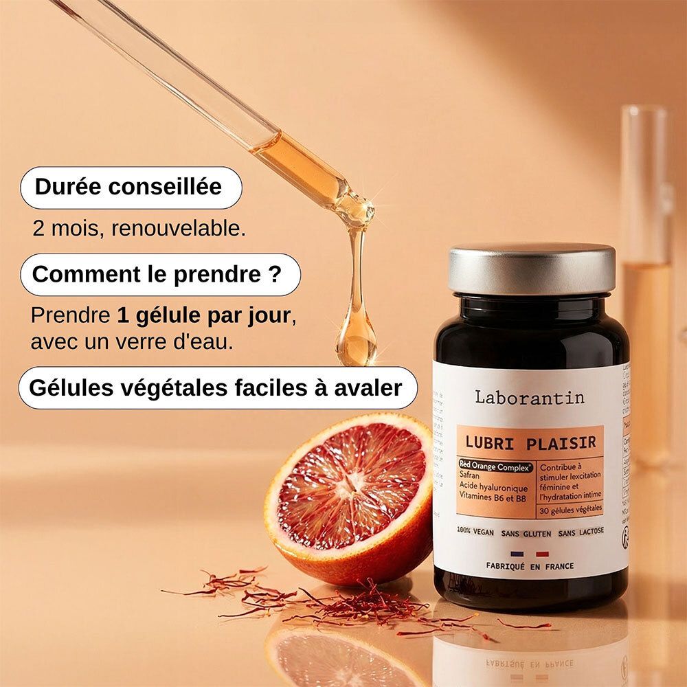Flacon de 30 gélules, pipette avec goutte, moitié d'orange sanguine et safran.