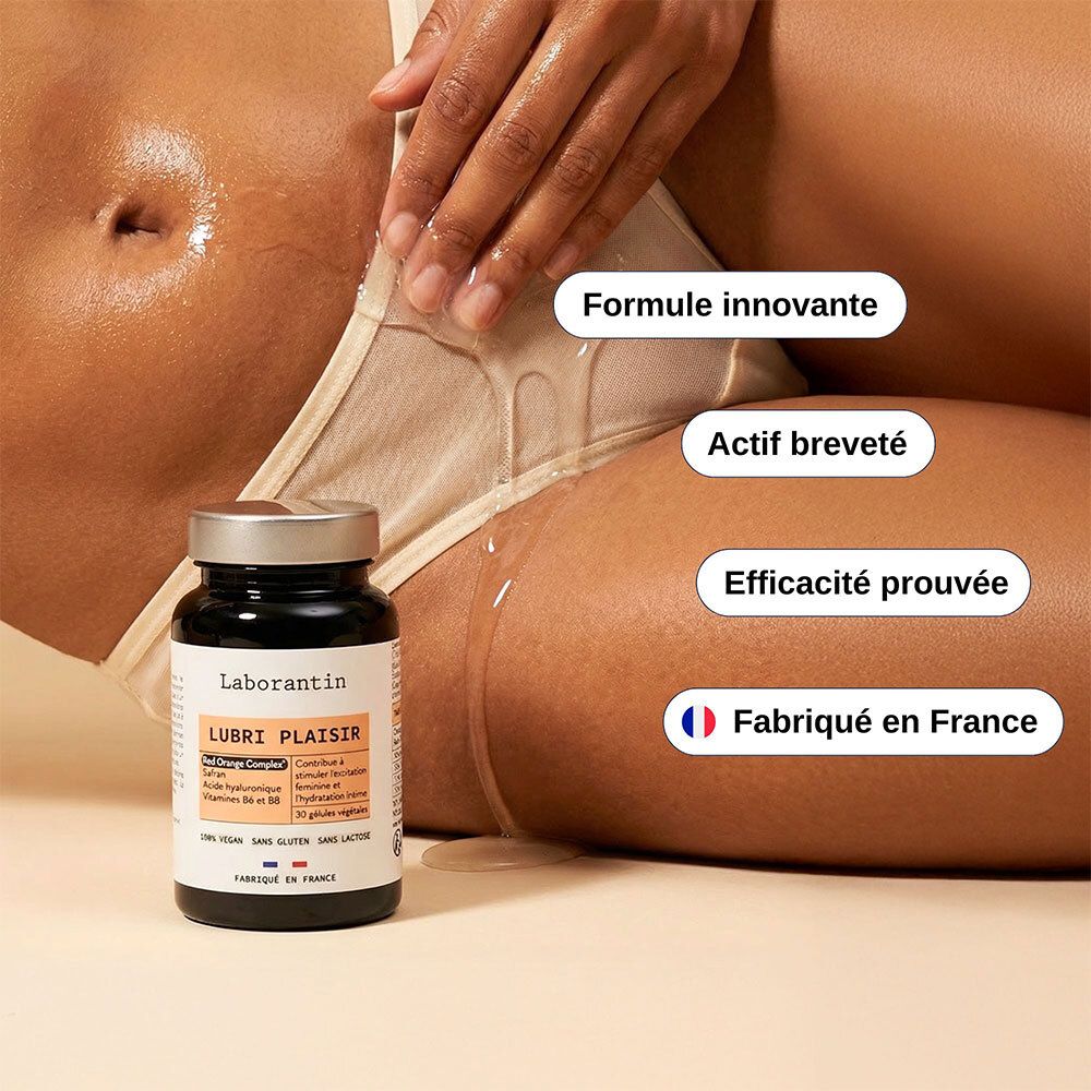 Flacon de 30 gélules à côté d'une femme appliquant un liquide.