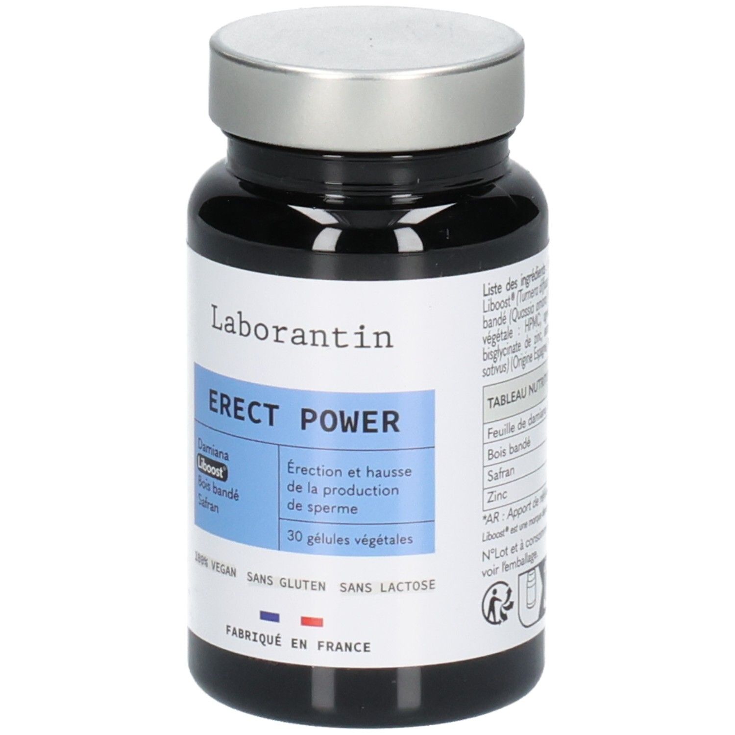 Boîte Laborantin Erect Power, vue de face. Contient Damiana Liboost, Bois bandé, Safran. 30 gélules végétales.