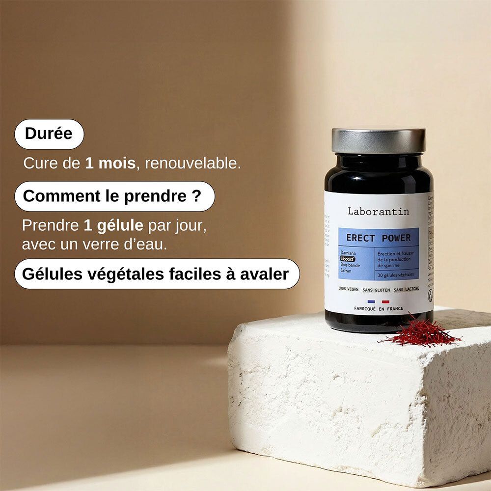 Boîte Laborantin Erect Power près d'un bloc de pierre. Zones de texte expliquent la durée de cure, la prise et la nature des gélules.