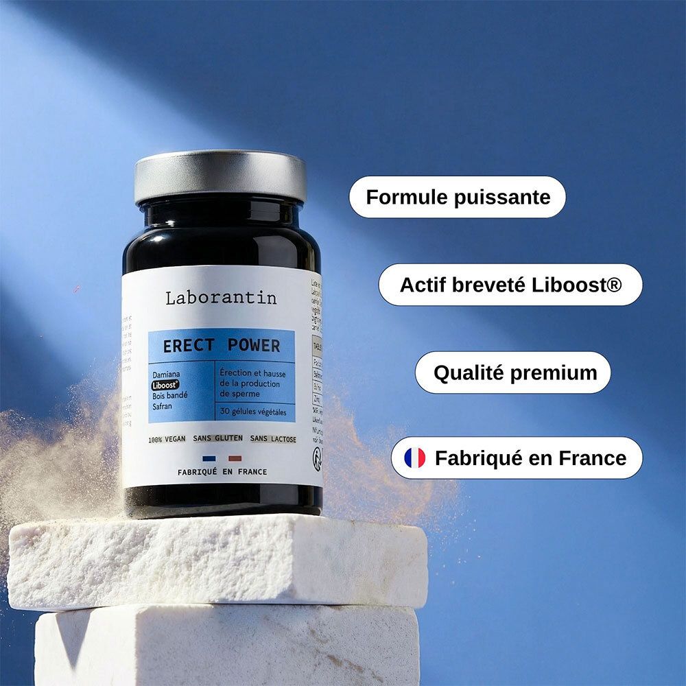 Boîte Laborantin Erect Power sur des pierres superposées. Étiquettes indiquent : Formule puissante, Actif Liboost, Qualité premium, Fabriqué en France.