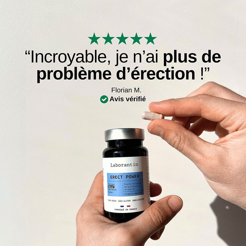 Mains tenant une boîte Laborantin Erect Power et une gélule. Évaluation par étoiles et témoignage client visibles.