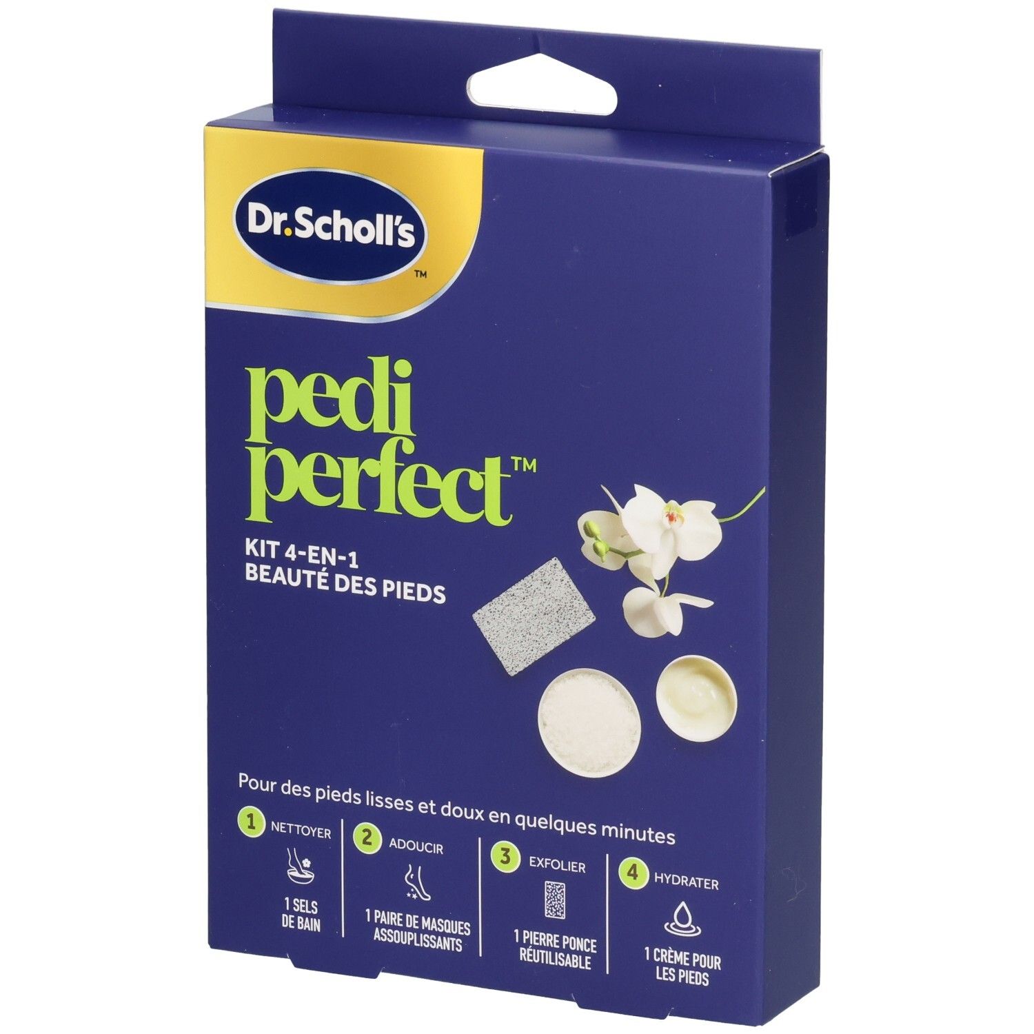 Boîte bleue Dr. Scholl's PediPerfect. Kit 4-en-1 pour les pieds. Illustrations de produits et de fleurs.