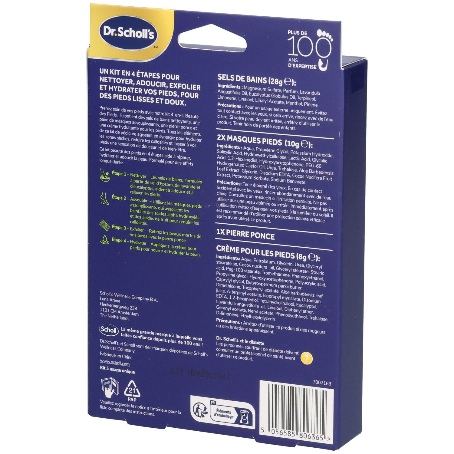 Dos de la boîte bleue. Texte et informations sur le produit. Kit Dr. Scholl's PediPerfect. Ingrédients.
