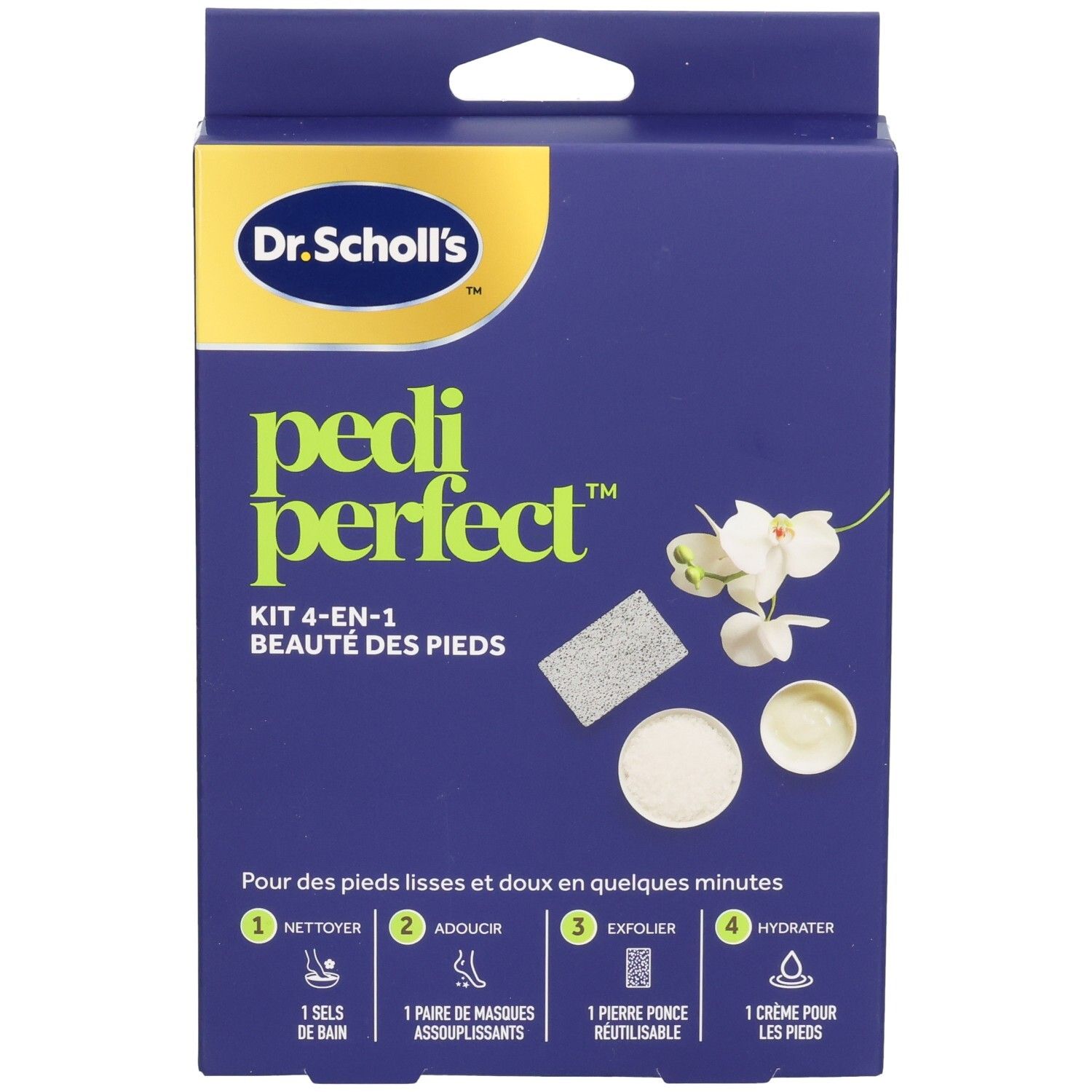 Boîte bleue Dr. Scholl's PediPerfect. Vue de face. Illustrations et texte. Crochet de suspension.