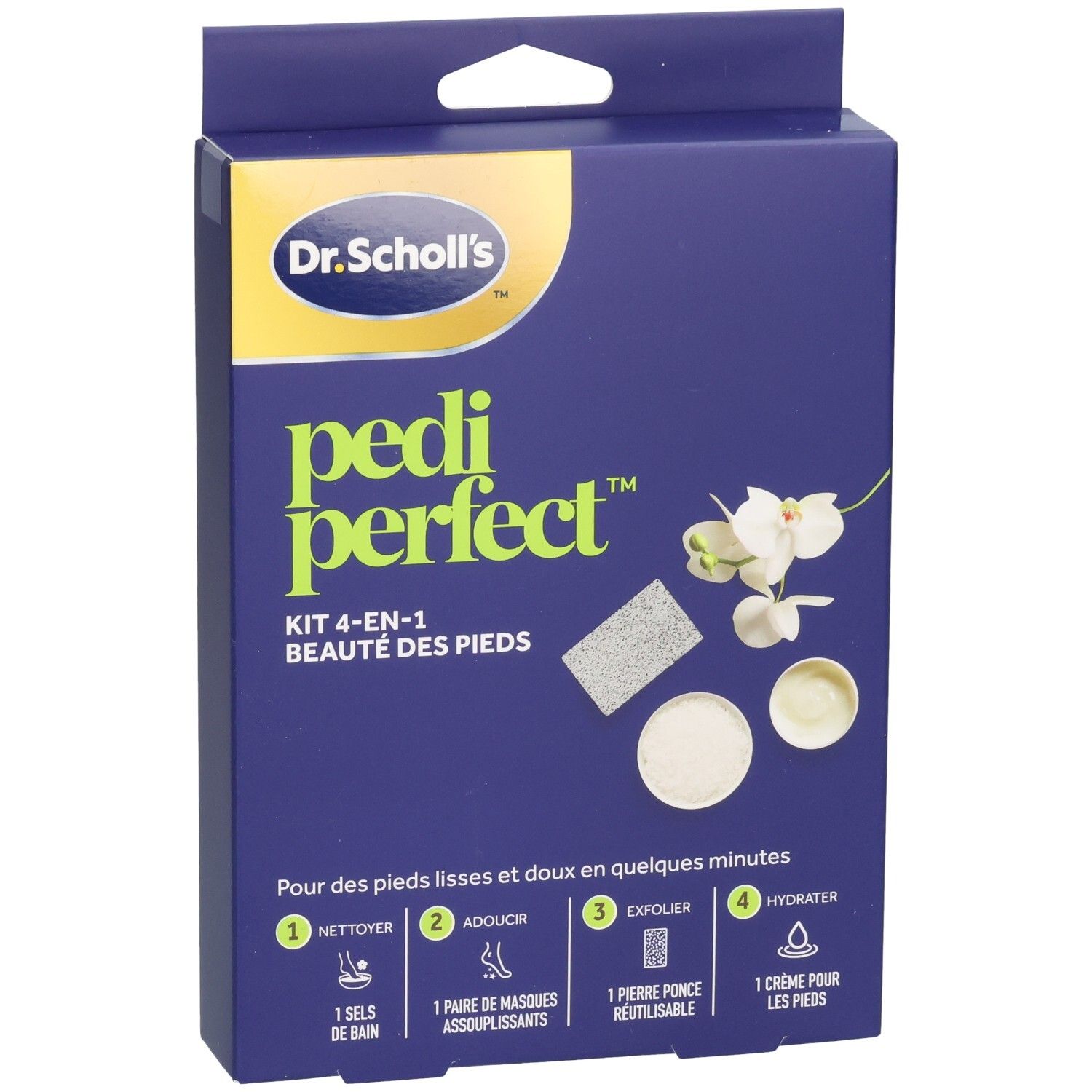 Boîte bleue Dr. Scholl's PediPerfect. Vue en biais. Illustrations et texte. Crochet de suspension.