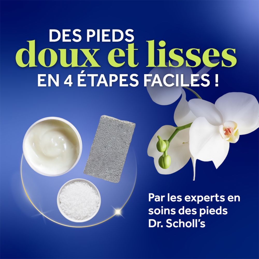 Kit Dr. Scholl's Pedi Perfect : Sels de bain, masques, pierre ponce et crème pour pieds doux.