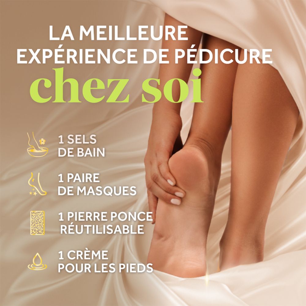Kit Dr. Scholl's Pedi Perfect : Sels de bain, masques, pierre ponce et crème pour pédicure maison.