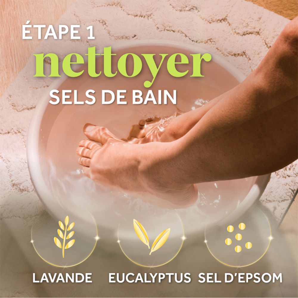 Étape 1 : Nettoyer les pieds avec les sels de bain Dr. Scholl's. Contient lavande, eucalyptus, sel d'Epsom.