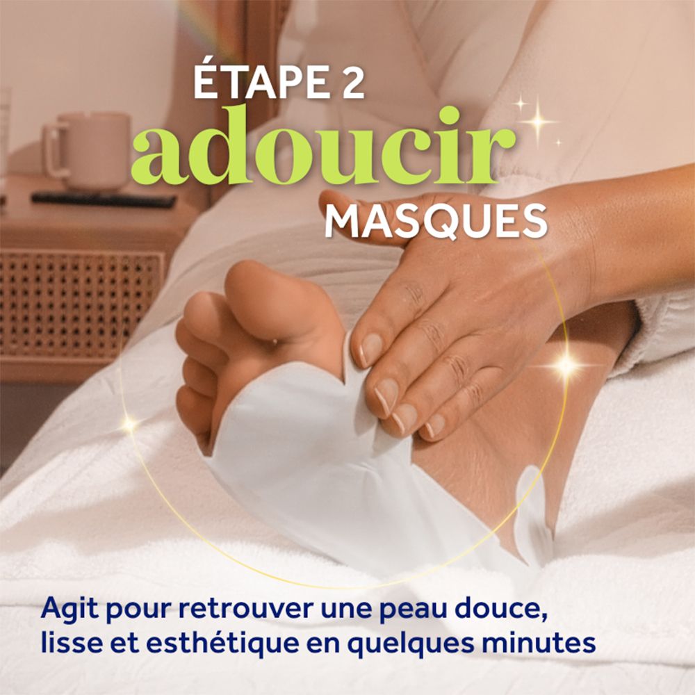 Étape 2 : Adoucir les pieds avec les masques Dr. Scholl's. Pour une peau douce et esthétique.