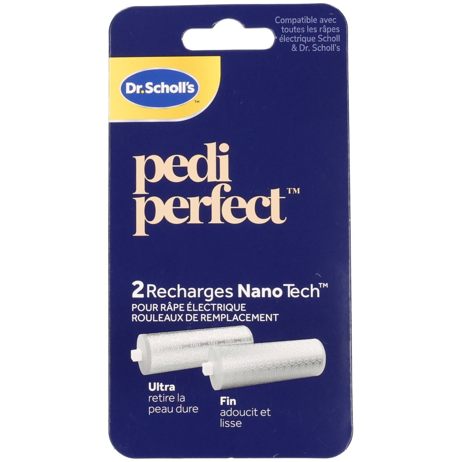 Emballage de deux recharges NanoTech pour râpe électrique Pedi Perfect de Dr. Scholl's. Contient deux rouleaux.
