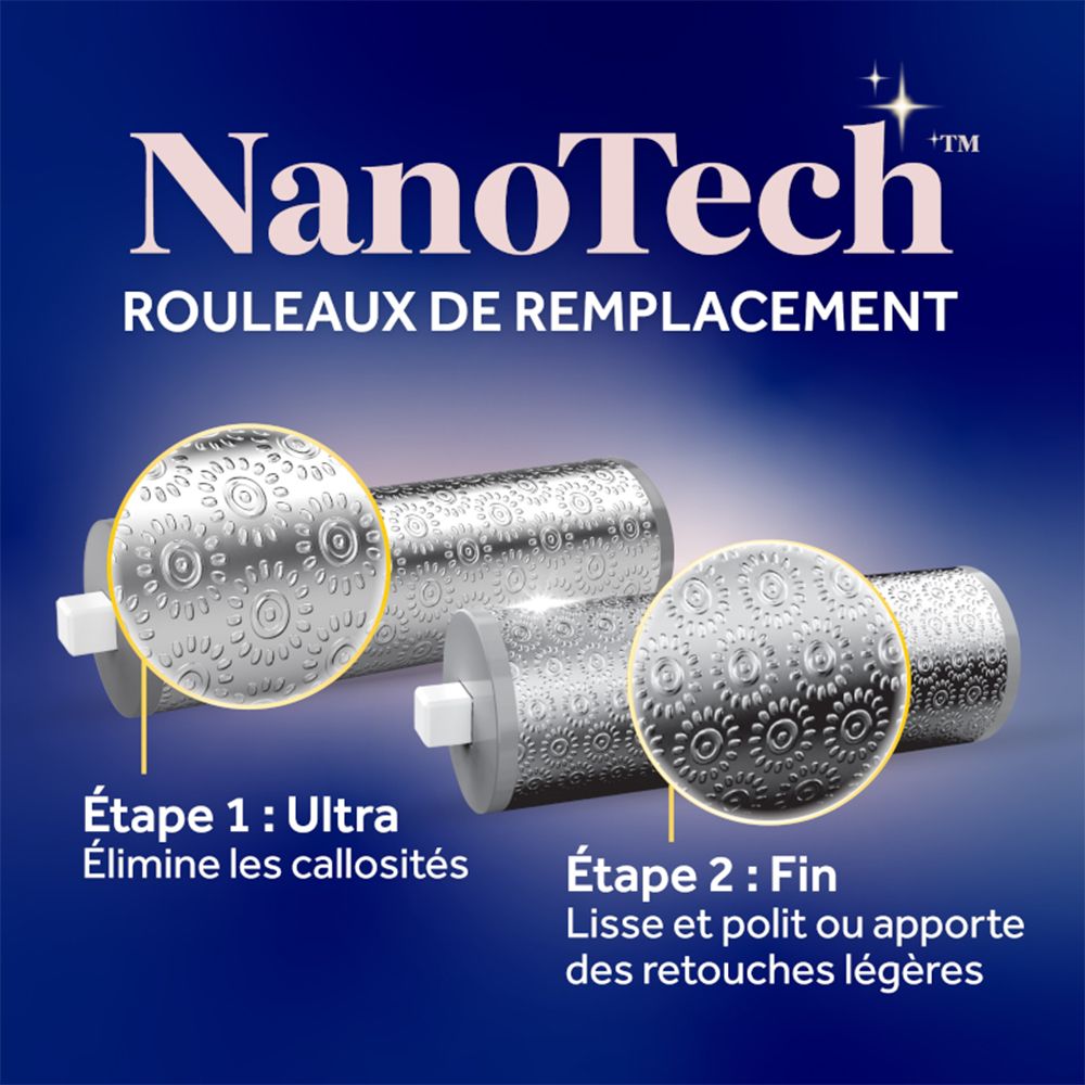 Deux rouleaux de remplacement NanoTech, un pour peau dure, un pour lissage fin.