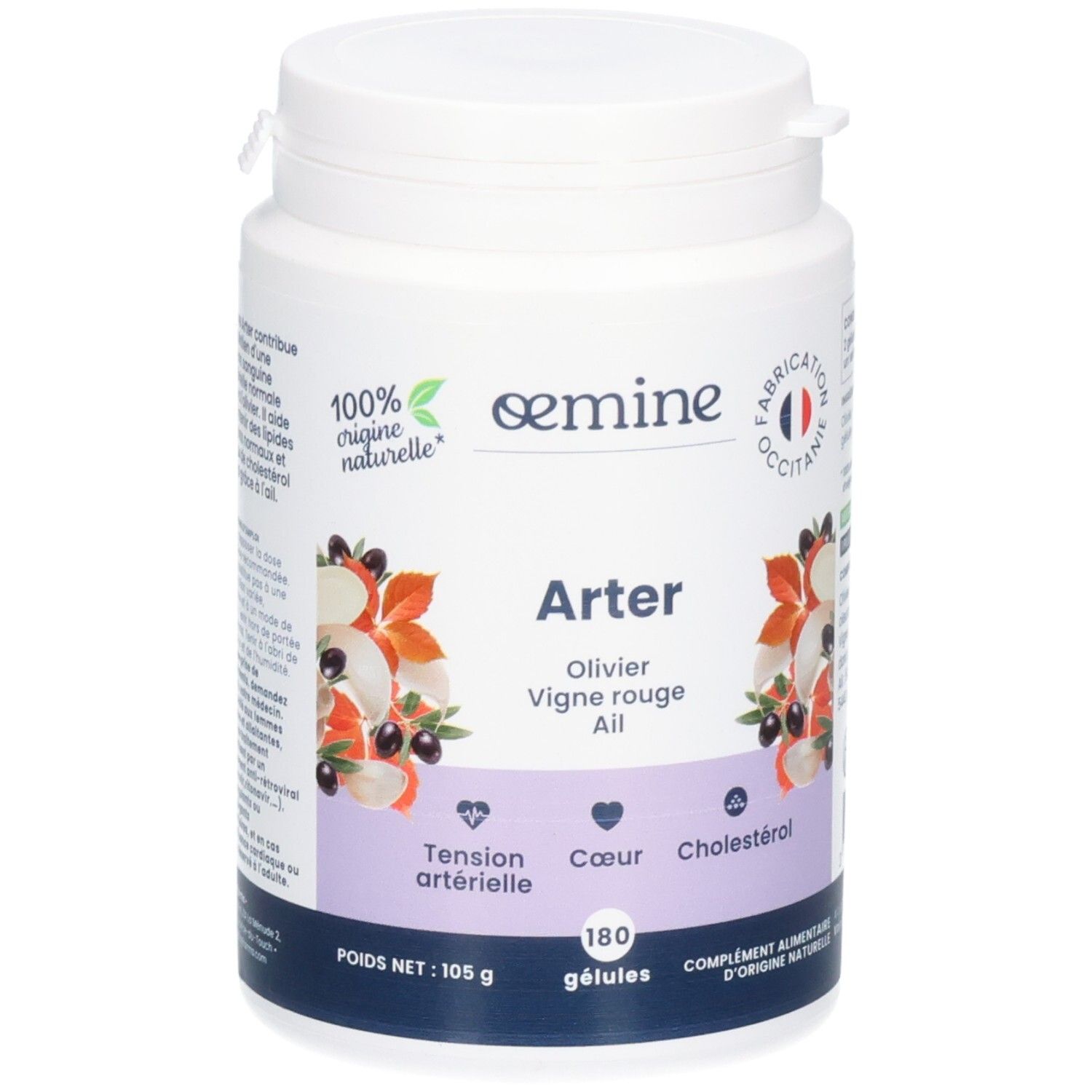 Pot de gélules Oemine Arter avec symboles olive, vigne rouge et ail pour la santé cardiaque.