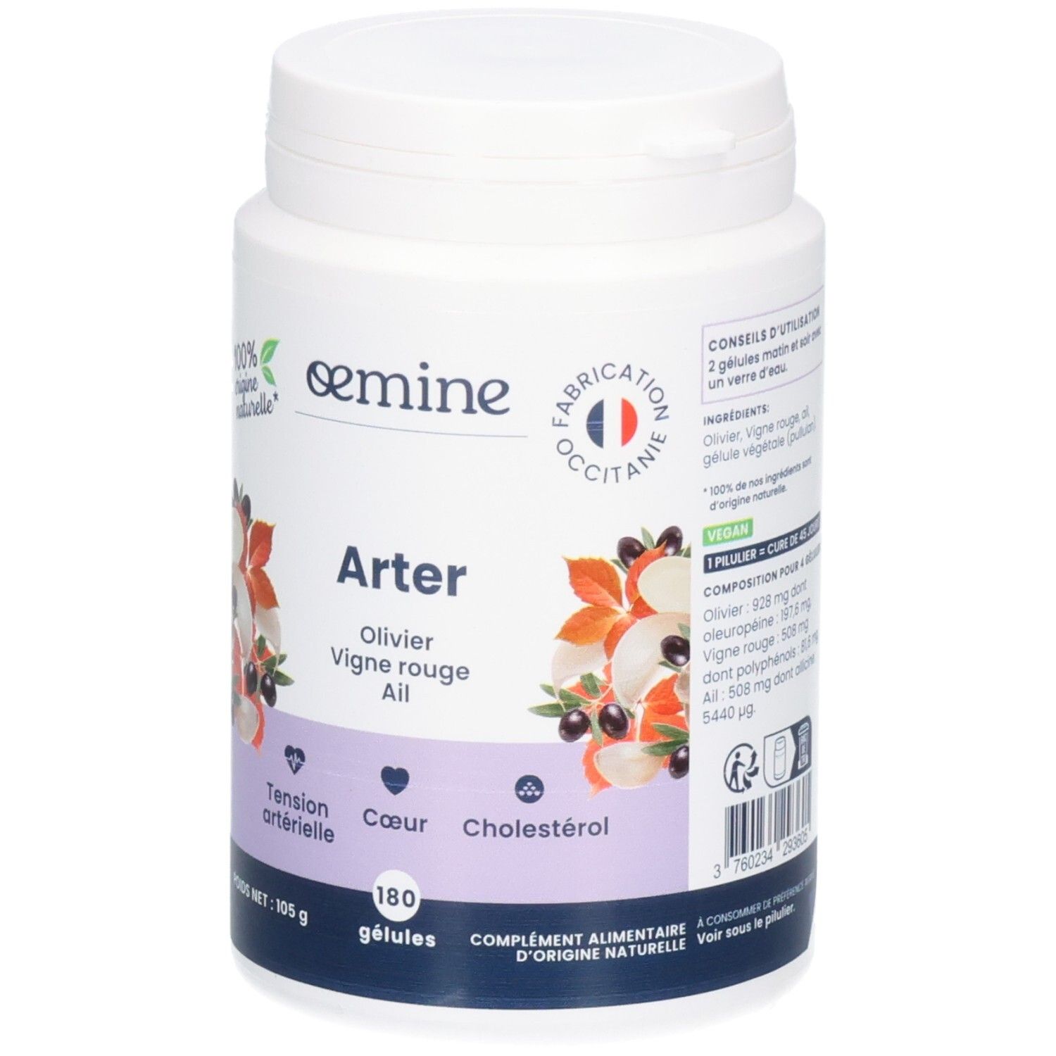 Avant d'un pot de gélules Oemine Arter avec symboles olive, vigne rouge et ail.