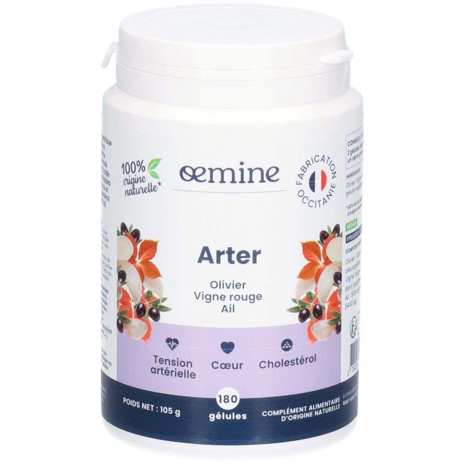 Pot de gélules Oemine Arter avec symboles olive, vigne rouge et ail pour la santé cardiaque.