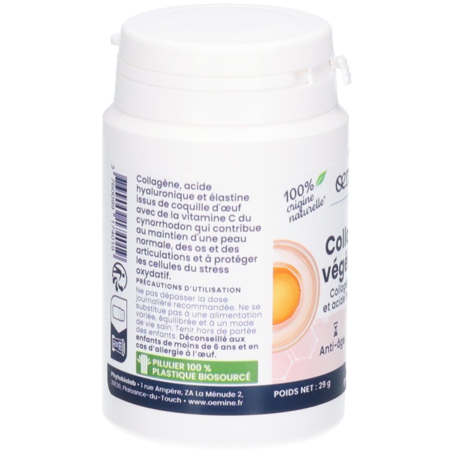 Dos de la boîte de capsules Oemine Collagène végétarien avec liste d'ingrédients et conseils d'utilisation.