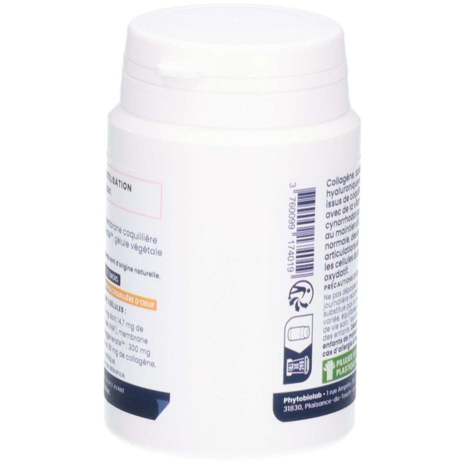 Vue latérale de la boîte de capsules Oemine Collagène végétarien avec code-barres et informations produit.