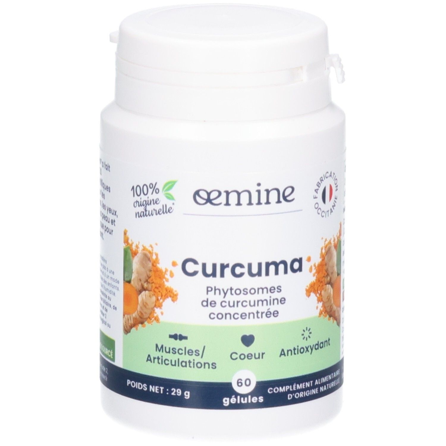 Flacon de 60 gélules Oemine Curcuma. Contient des phytosomes de curcuma pour les muscles, le cœur et comme antioxydant.