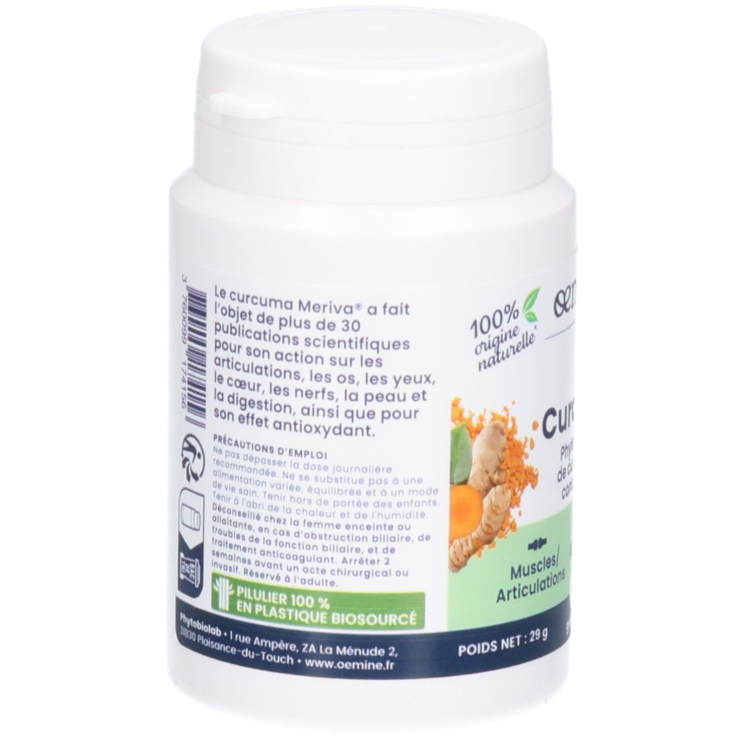 Arrière d'un flacon de gélules Oemine Curcuma avec informations produit et conseils d'utilisation.