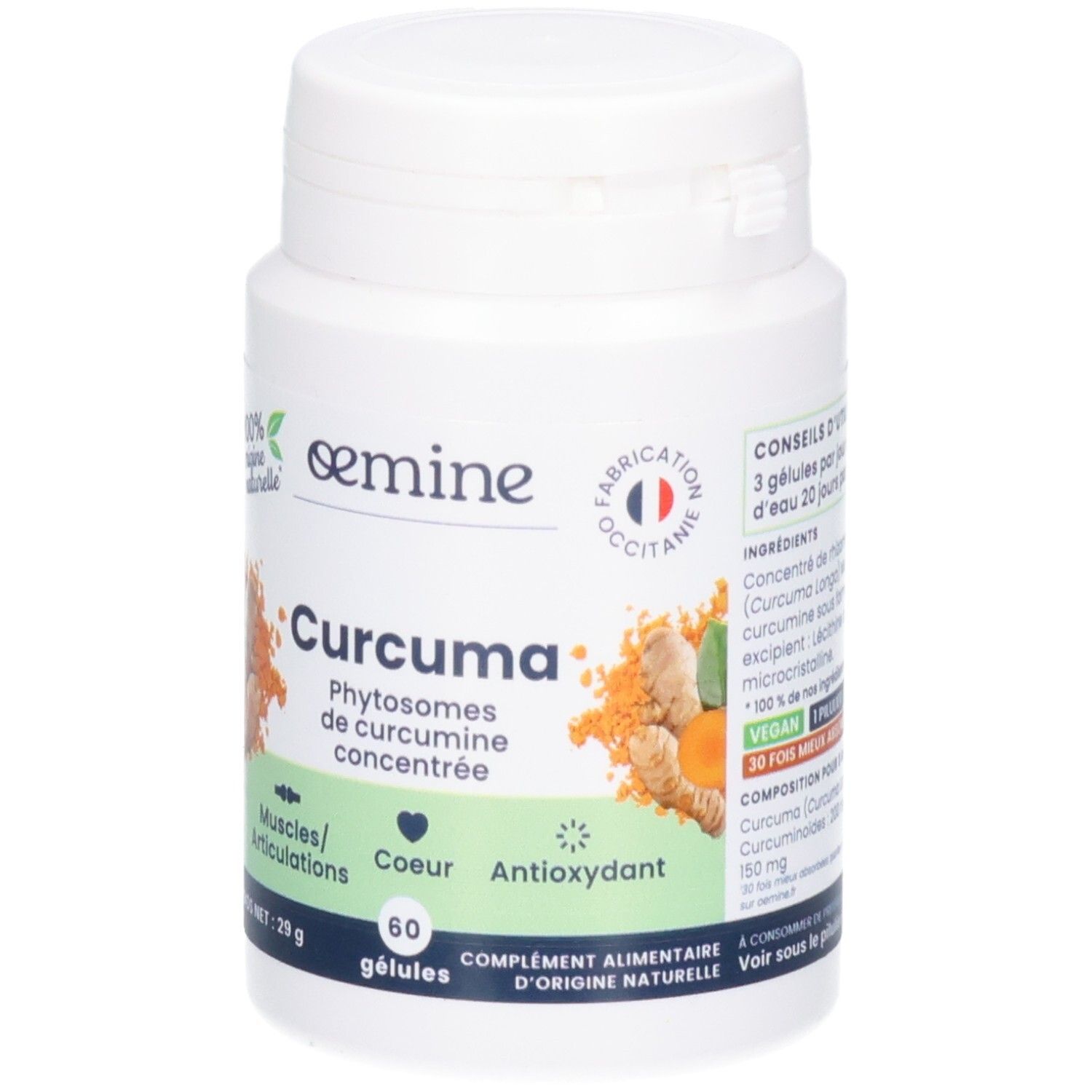 Avant d'un flacon de 60 gélules Oemine Curcuma. Montre des racines de curcuma et les bienfaits pour la santé.