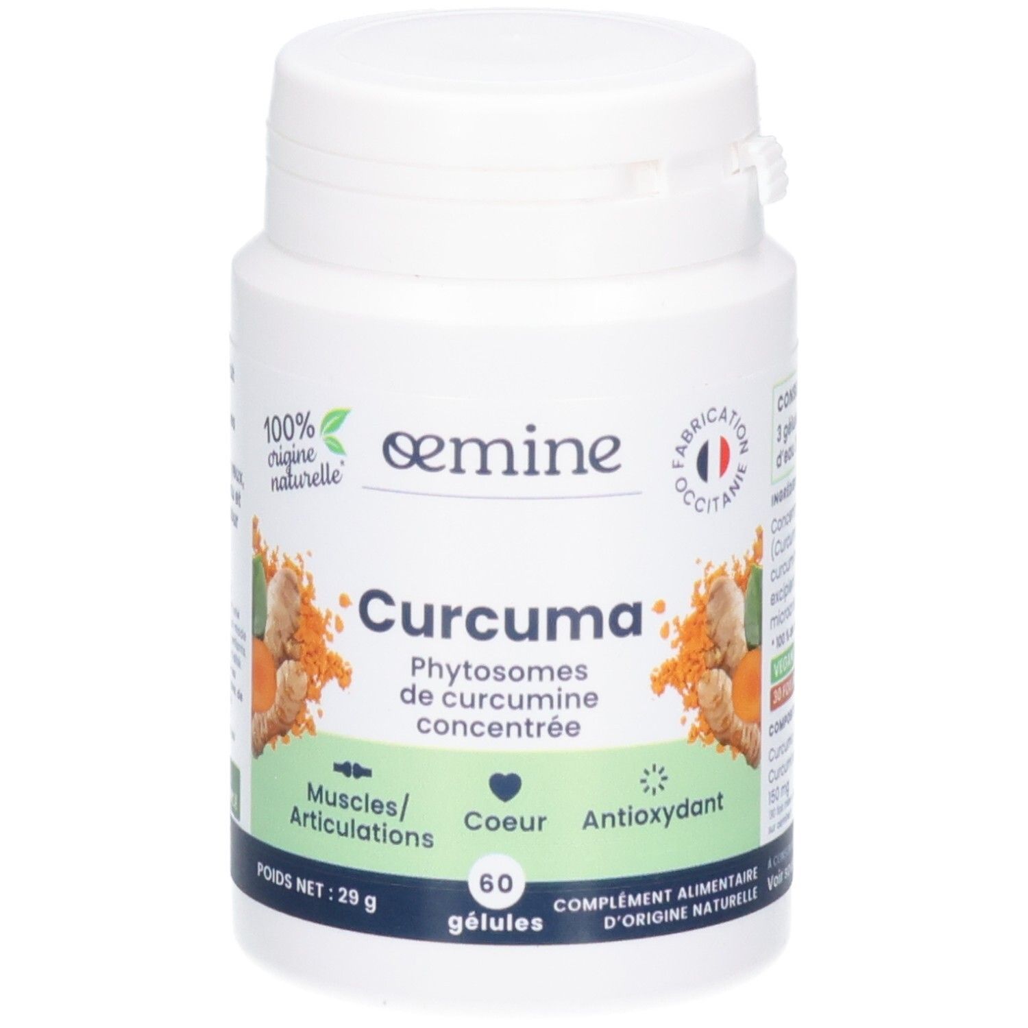 Vue de face d'un flacon de 60 gélules Oemine Curcuma, mettant en avant le curcuma et les bienfaits.