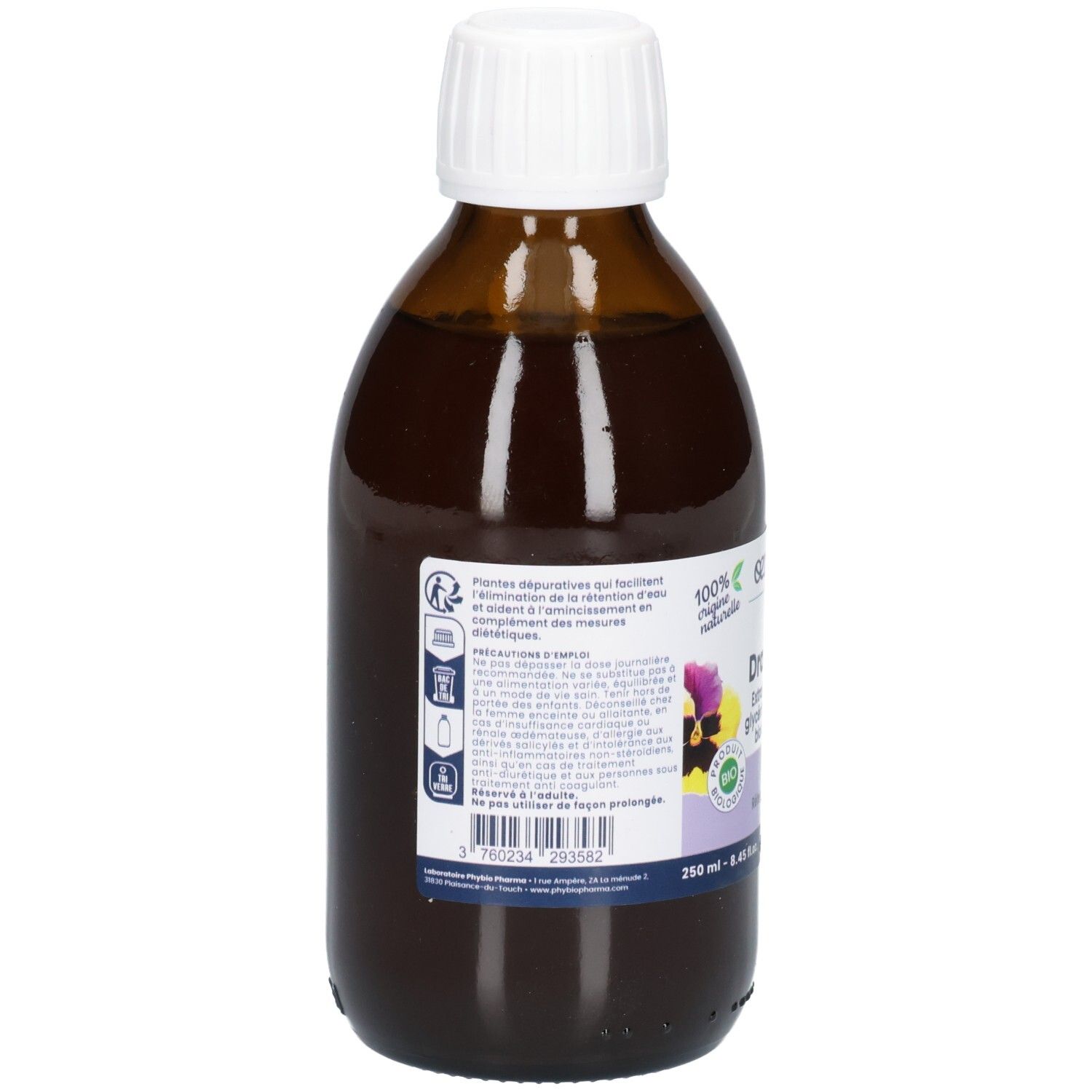 Arrière d'une bouteille en verre brun avec étiquette indiquant les ingrédients et les instructions.