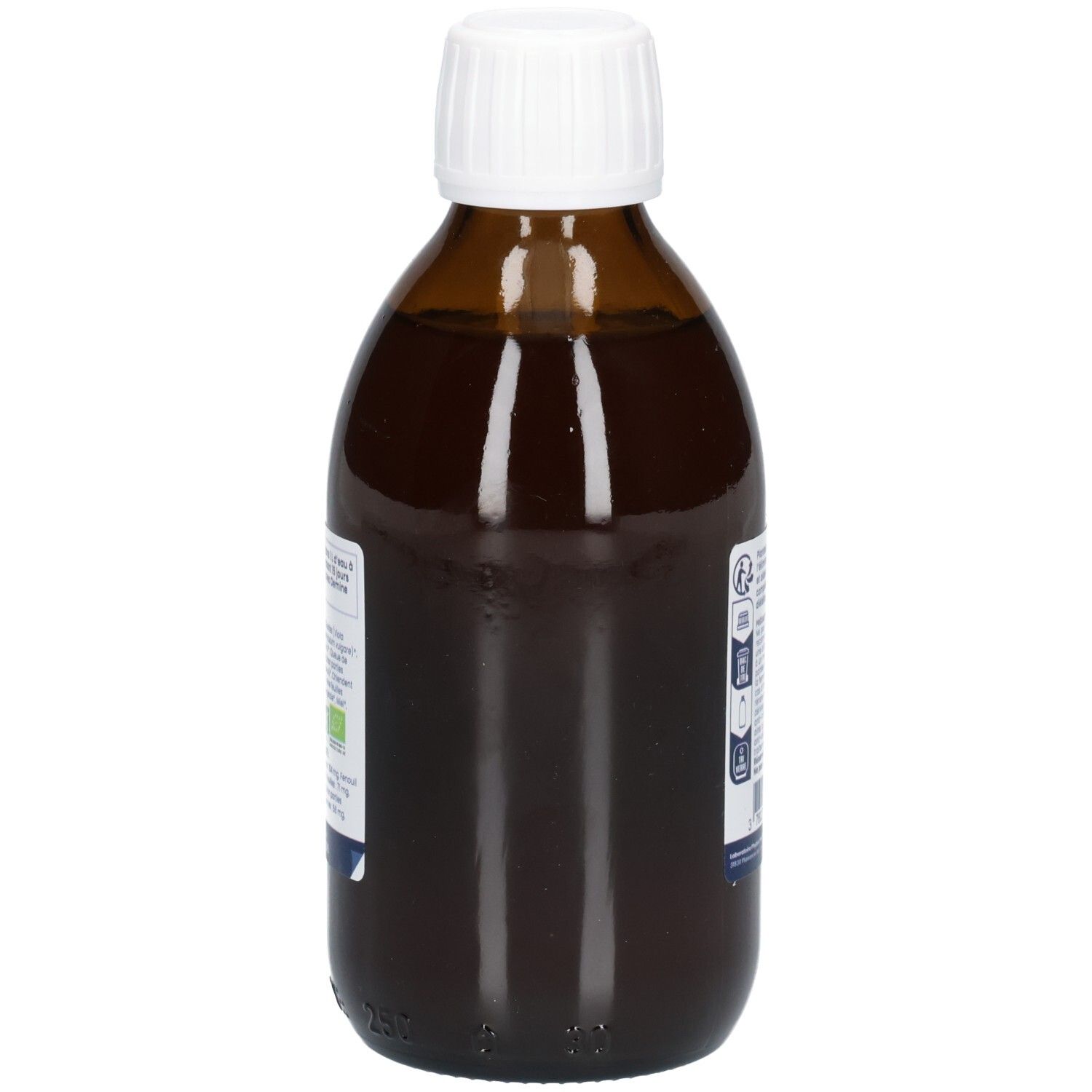 Côté d'une bouteille en verre brun avec bouchon blanc, étiquette avec informations produit.