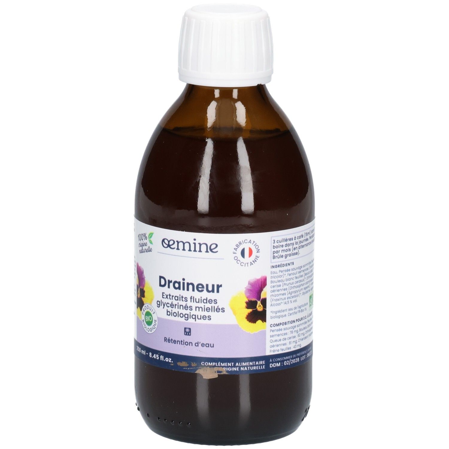 Bouteille en verre brun avec bouchon blanc, étiquette "DRAINEUR", fleurs et sceau bio.