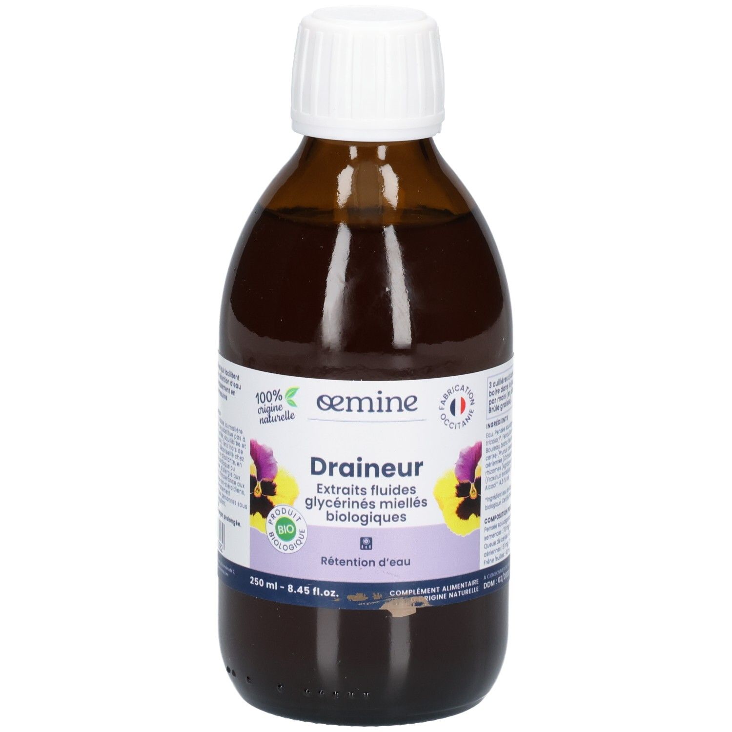 Bouteille en verre brun avec bouchon blanc, étiquette "DRAINEUR", fleurs et sceau bio.