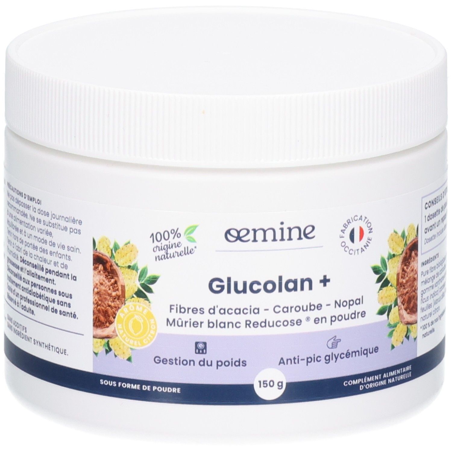 Poudre Oemine Glucolan+ dans un pot blanc avec étiquette listant fibres d'acacia, caroube et nopal.