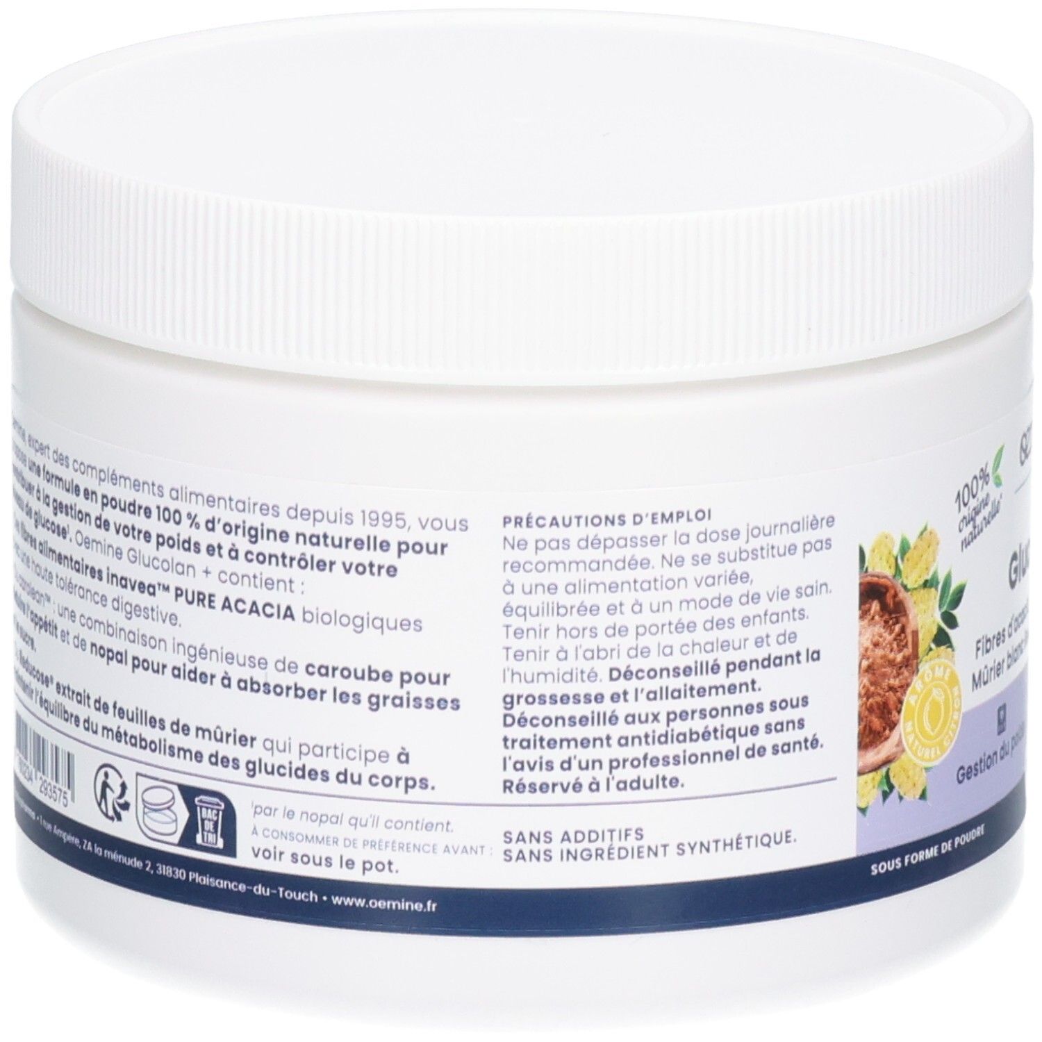 Arrière du pot Oemine Glucolan+ avec informations détaillées sur le produit et les ingrédients.