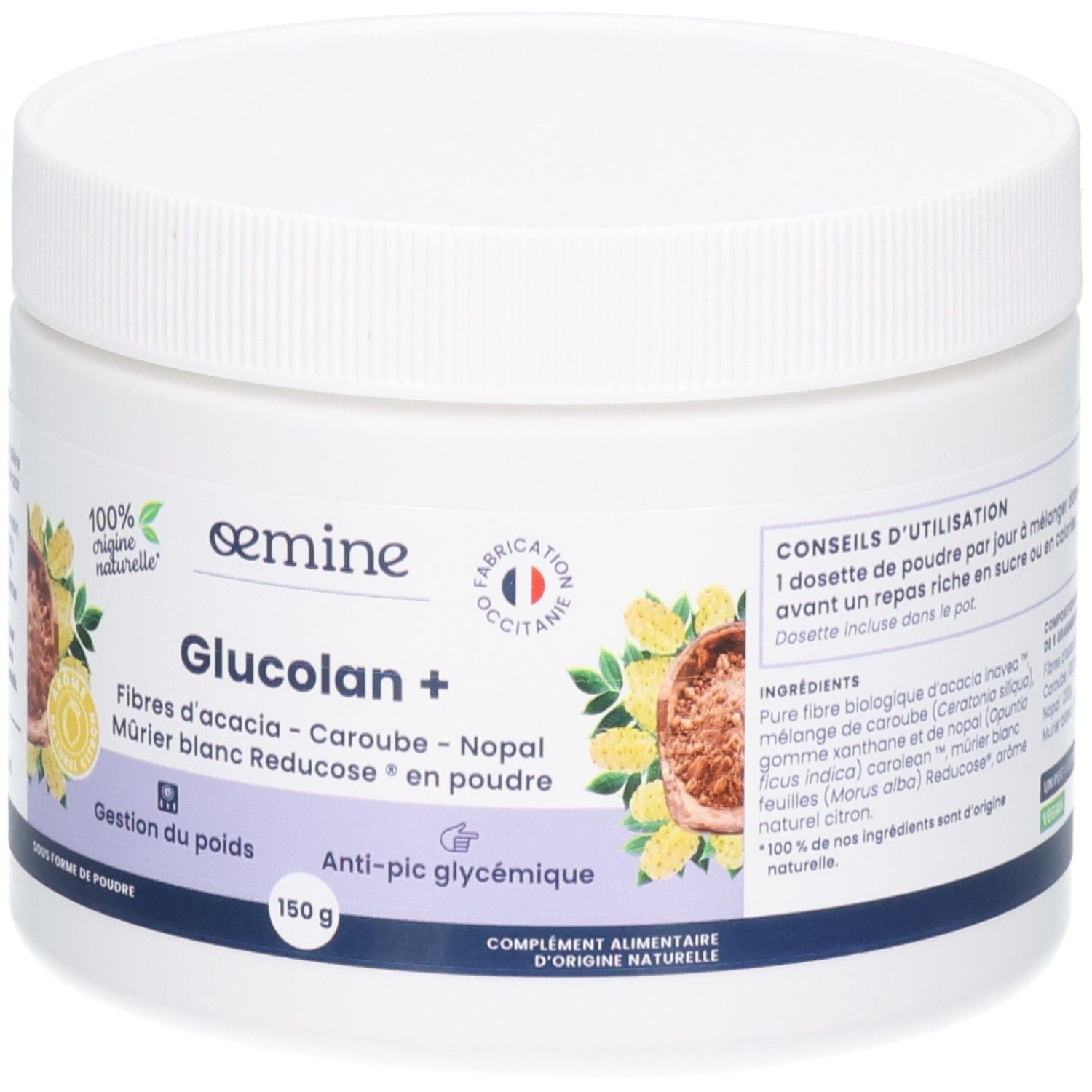 Avant du pot Oemine Glucolan+ mettant en évidence le nom du produit et les ingrédients.