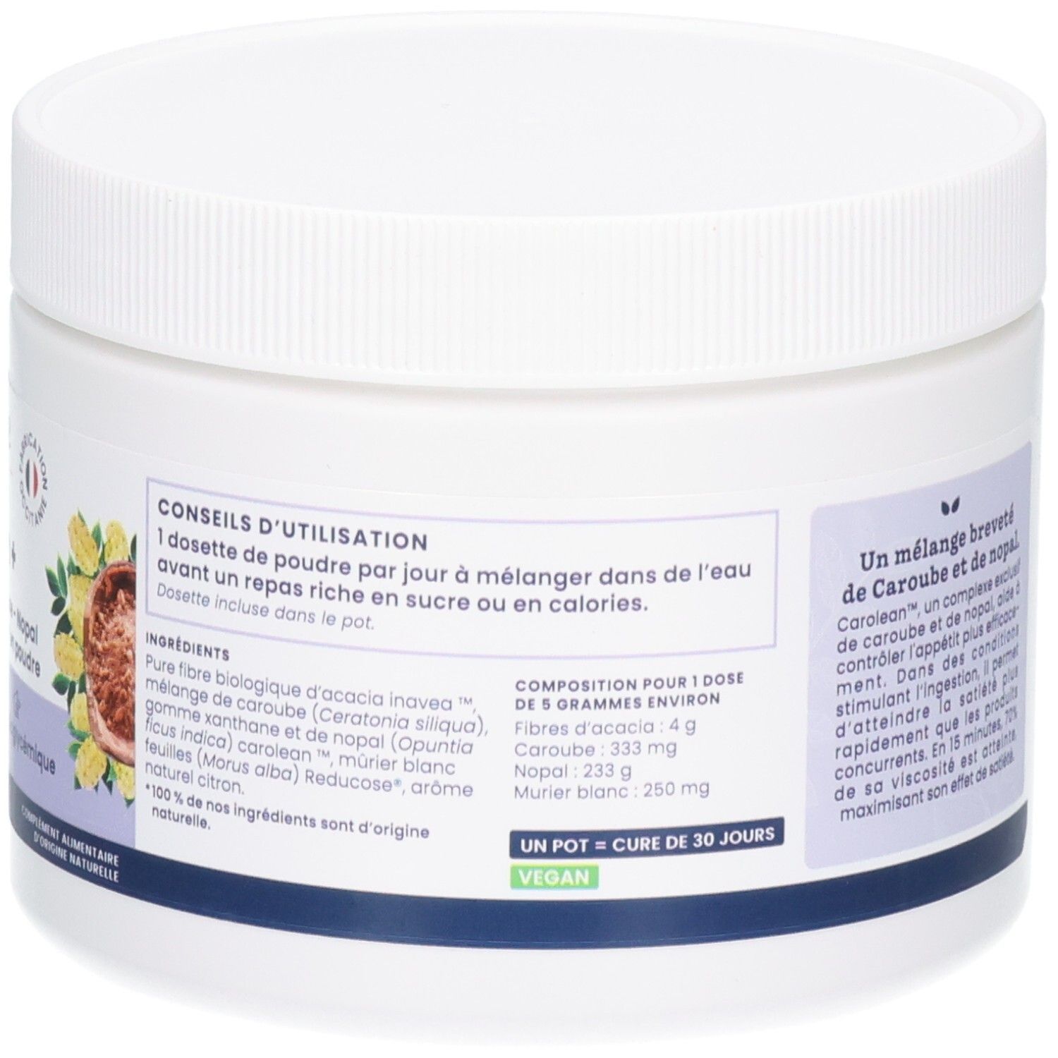 Pot Oemine Glucolan+ avec étiquette listant les conseils d'utilisation et les ingrédients.