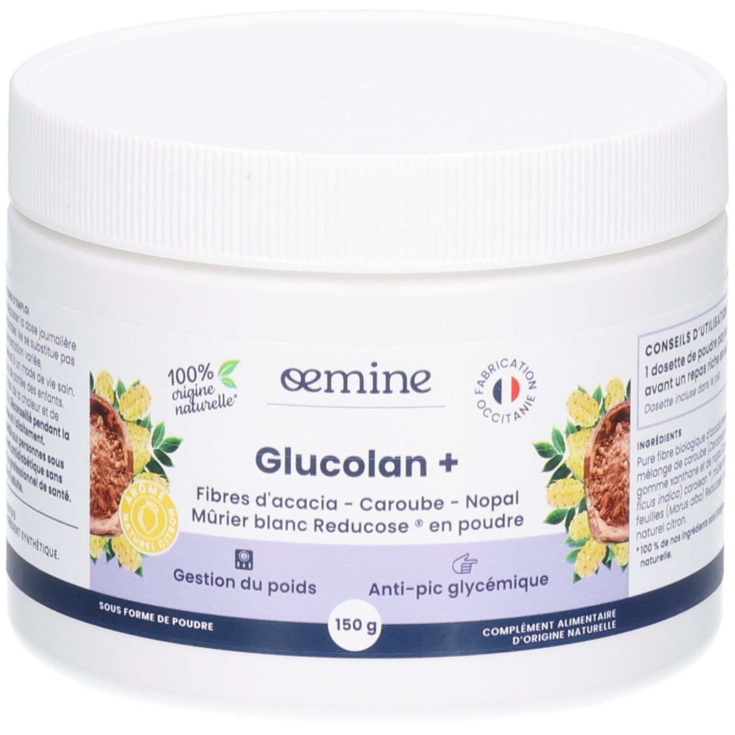 Vue de face du pot Oemine Glucolan+, 150g, mettant l'accent sur l'origine naturelle.