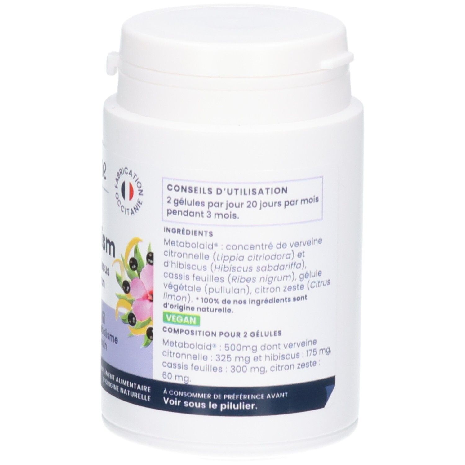 Arrière de la boîte de gélules Oemine Métabolisme avec ingrédients détaillés et informations nutritionnelles.
