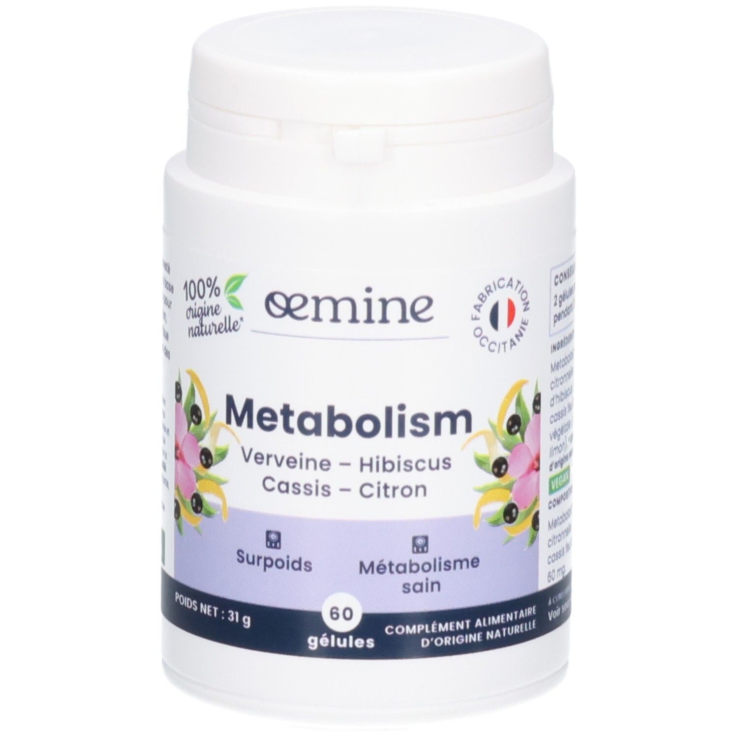Boîte de 60 gélules Oemine Métabolisme, 31g. Avec design floral et sceau '100% origine naturelle'.